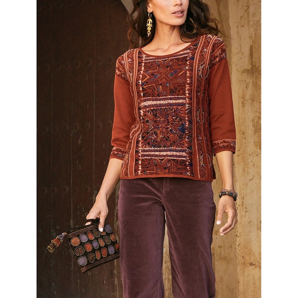 Peruvian Connection Fiona Pullover Paprika Folk Art Jacquard Cotton XL Womens